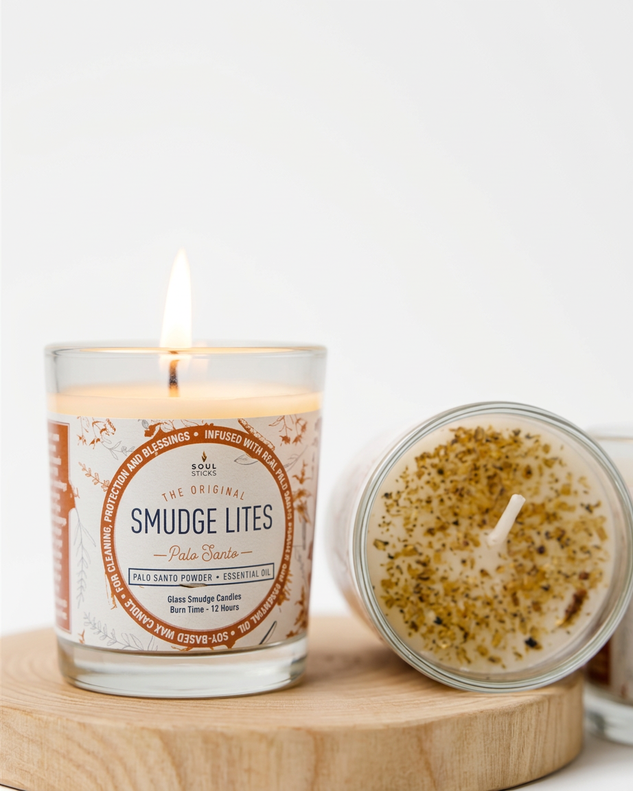 מארז נר טבעי בכוס קטנה סמאדג' פאלו סנטו - פאלו-סנטו