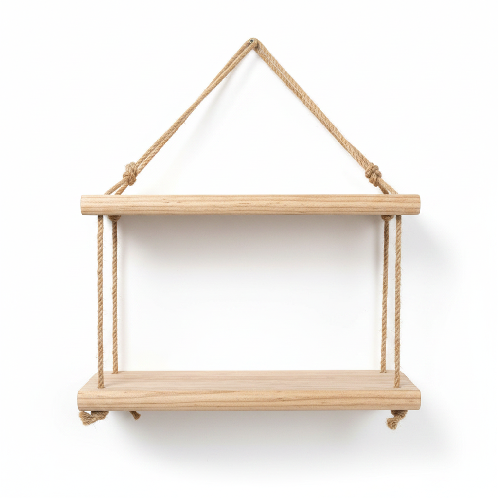 מדף עץ חבלים תלוי 50 סמ
