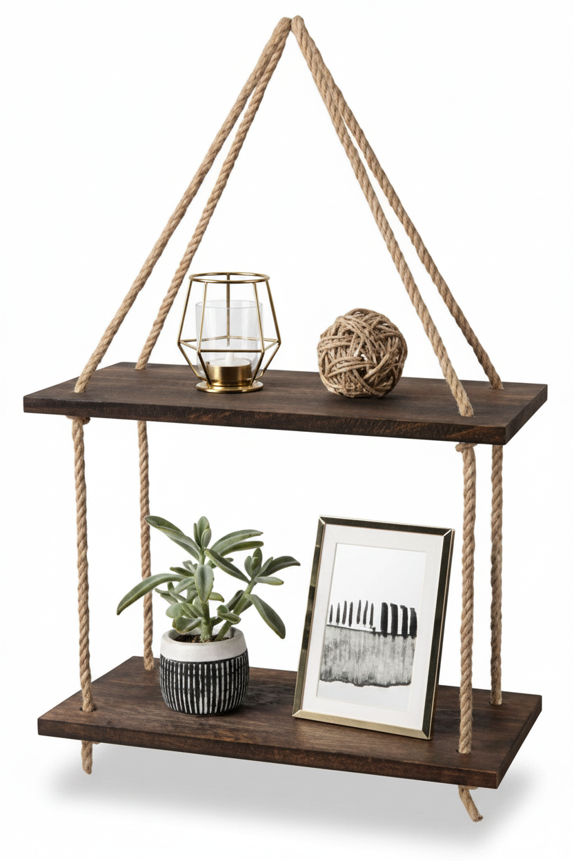 מדף עץ זוגי עם חבלים 43/60 סמ