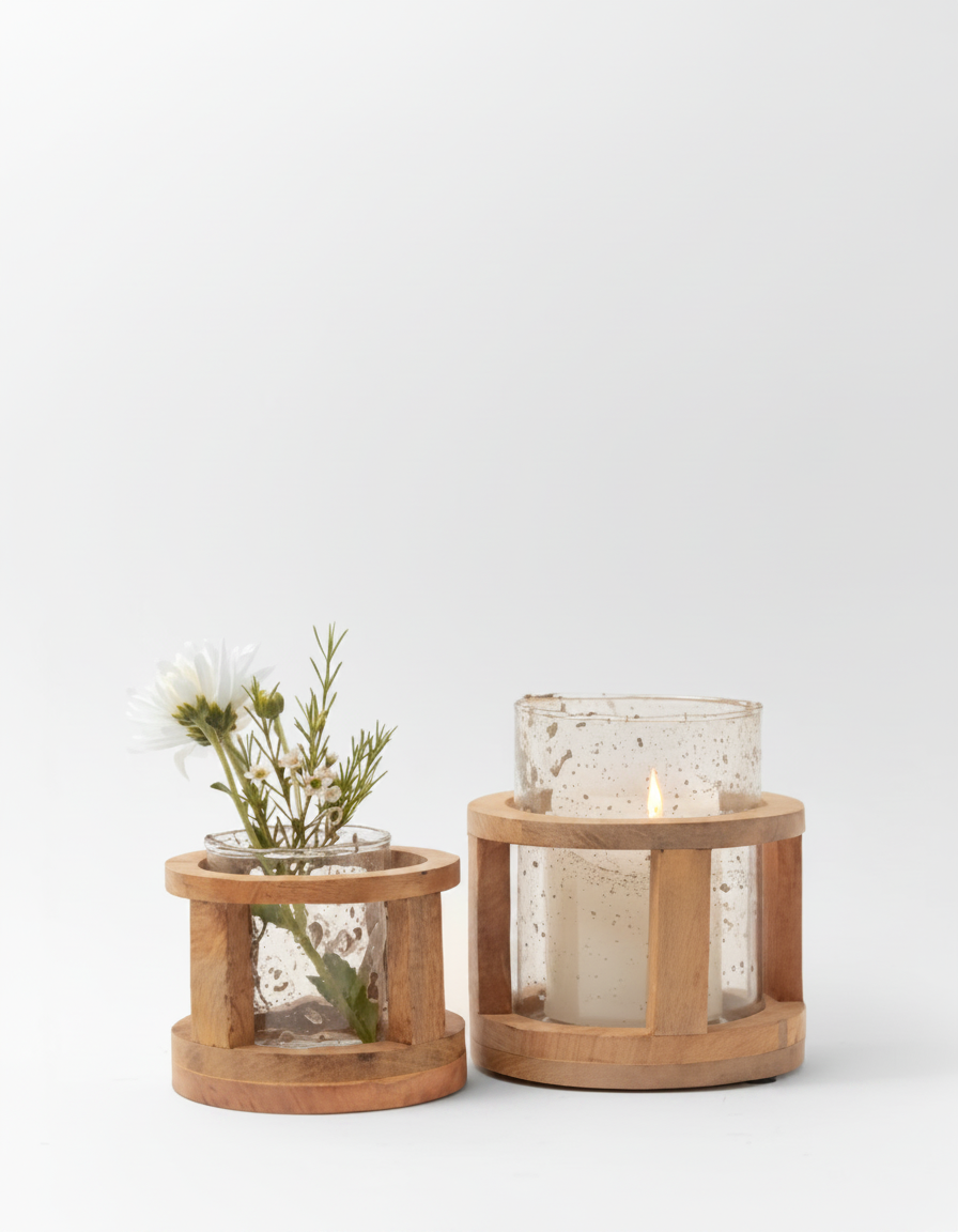 פמוט עץ וזכוכית בורדו קטן 12*10 ס"מ