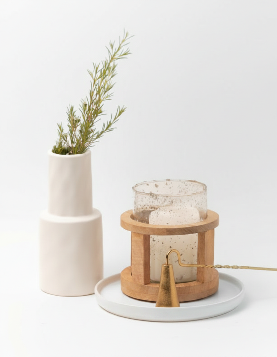 פמוט עץ וזכוכית בורדו גדול 14*12 ס"מ